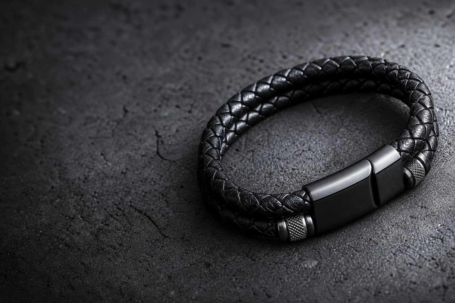 Close-up of the black braided leather bracelet and its gunmetal magnetic clasp