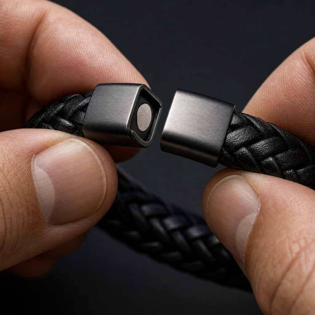 Macro detail of the locking magnetic steel clasp